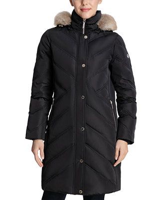 Michael Kors Women's Chevron Faux-Fur-Trim Hooded Down Puffer Coat, Created for Macy's & Reviews ... | Macys (US)
