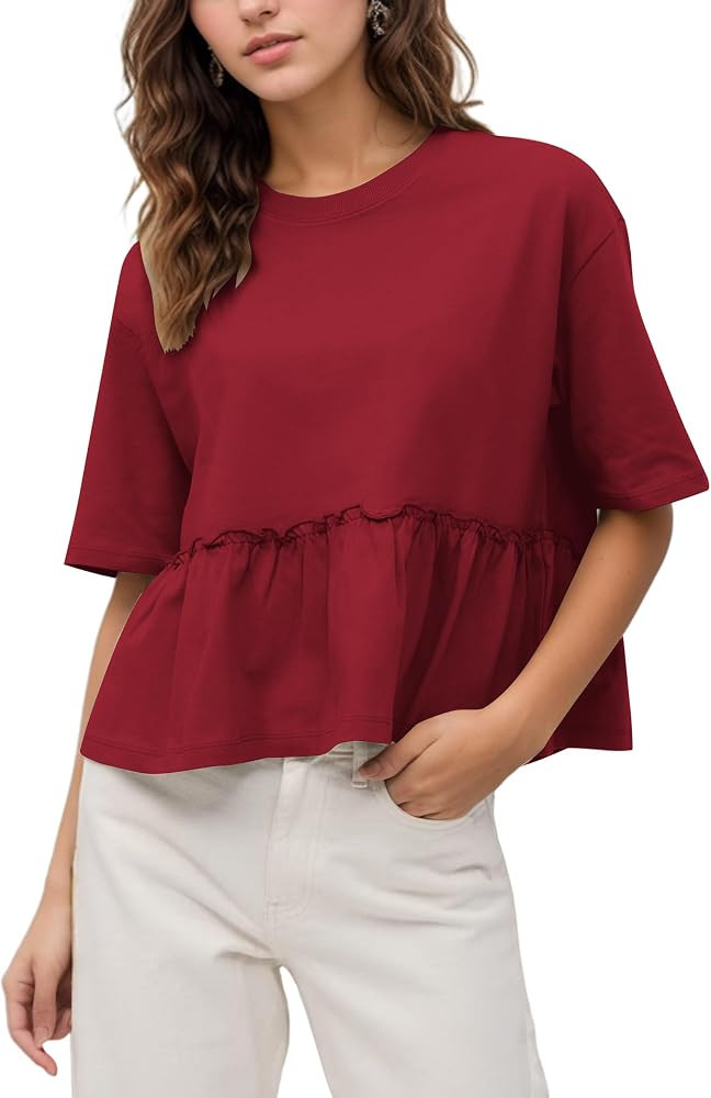 Women Summer Short Sleeve T-Shirts Oversized Dressy Casual Work Blouses Cropped Cute Ruffle Babyd... | Amazon (US)