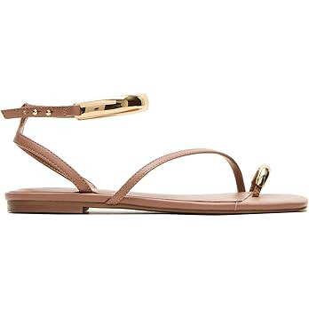 Toe Ring Flats Sandals for Women Square Toe Strappy Flat Sandals Casual Summer Shoes | Amazon (US)