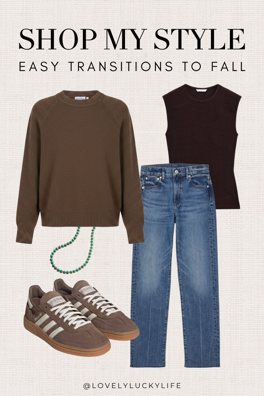 Effortless fall vibes 🍂 Layer a cozy brown Quince cashmere sweater over a classic black Zara tank, pair with AYR jeans, brown Adidas sneakers, and add a pop of color with a turquoise tennis necklace. Shop my style for easy summer-to-fall transitions!￼

#LTKootd #LTKgrwm #LTKSeasonal