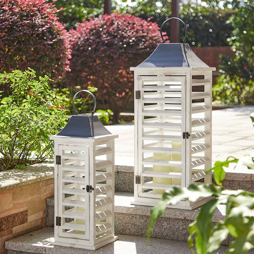 Glitzhome Farmhouse Wood Metal Candle Lanterns Tall Vintage Decorative Candle Holders Set of 2 Sh... | Amazon (US)