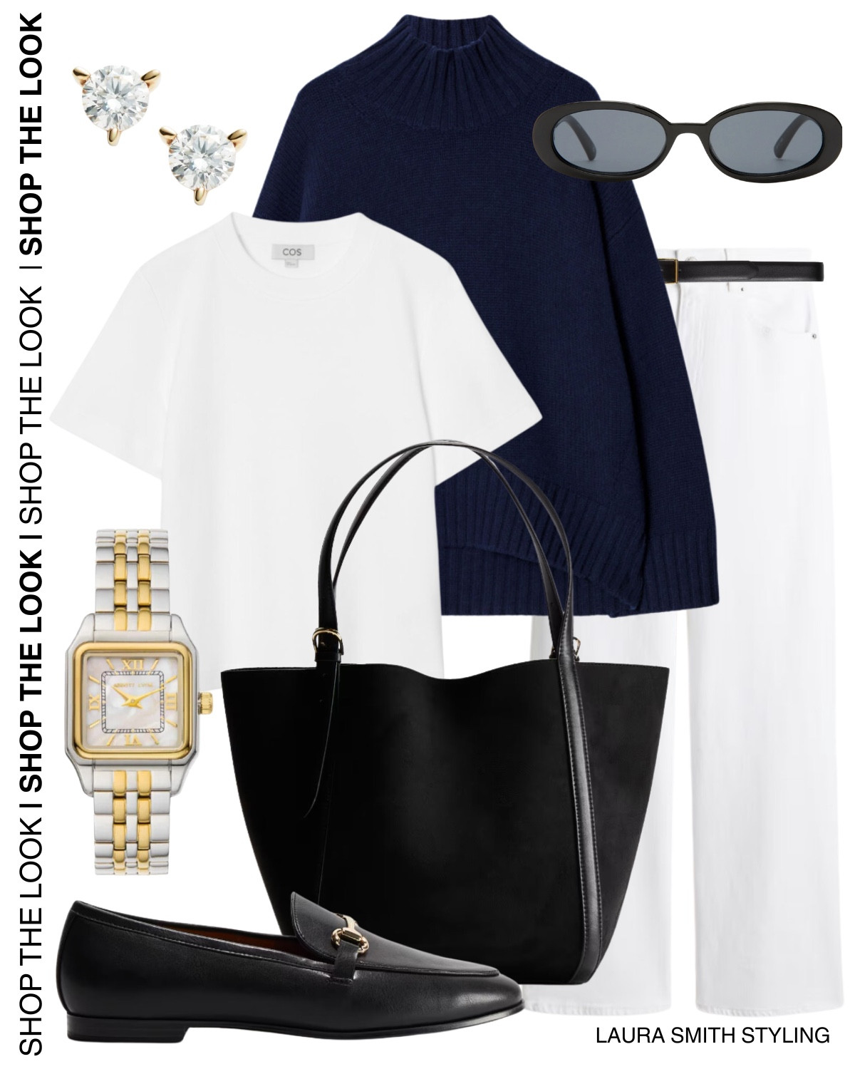 Navy & White Jeans Outfit. 

Including navy turtleneck knit jumper, white t-shirt, white straight jeans, black belt, two tone chain watch, diamond stud earrings, black tote bag & black loafer shoes  

#LTKstyletip #LTKwinter #LTKuk