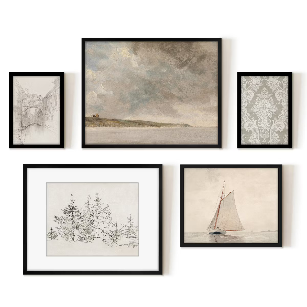 Americanflat 5 Piece Vintage Gallery Wall Art Set - Grey Coast, Pine Forest, Sailboat, Beige Silk... | Target