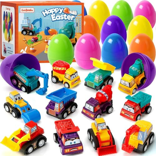 ZenBombs Easter Eggs with Toys Inside-12 PCS Colorful Plastic Easter Eggs Filled with Toy Vehicles for Kids-Surprise Egg for Easter Egg Hunt, Easter Basket Stuffers and Kids Birthday Party Favors | Amazon (US)