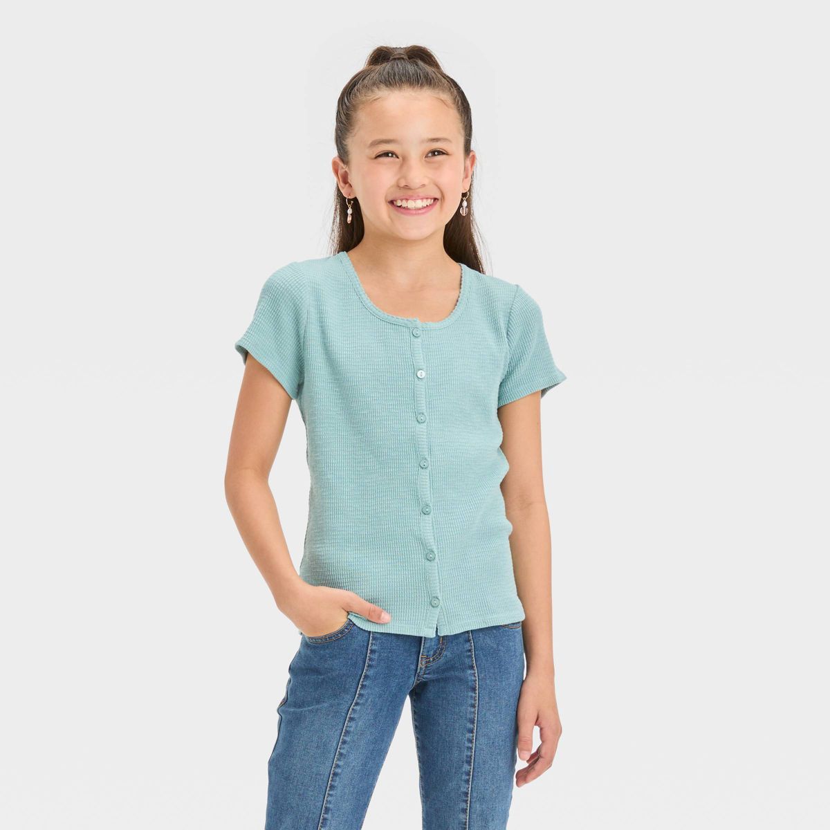 Girls' Short Sleeve Button-Front Textured Top - art class™ | Target