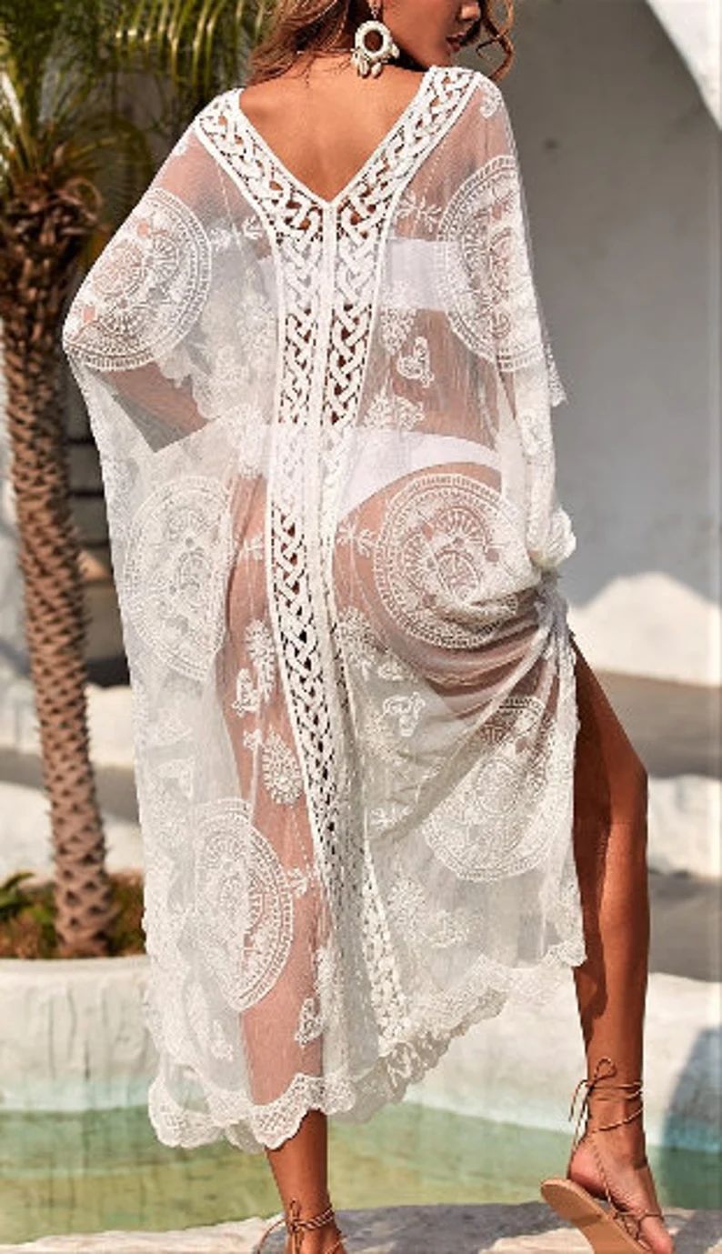 Boho Cover up White Lace Maxi Beach Robe Long White Lace Dress | Etsy | Etsy (US)