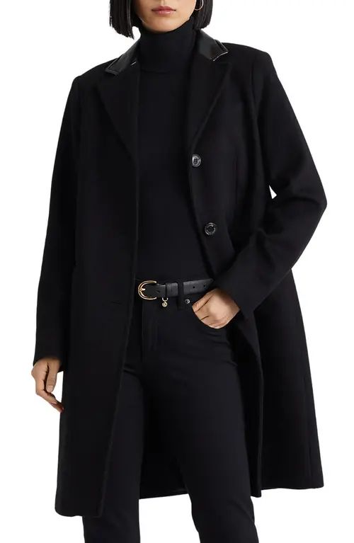 Lauren Ralph Lauren Faux Leather Trim Wool Blend Longline Coat in Black at Nordstrom, Size 10 | Nordstrom
