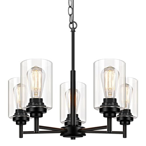 Sucolite 5-Light Chandelier for Dinning Room Kitchen Island Modern Farmhouse Pendant Lighting with Clear Glass Shades Industrial Black Hanging Ceiling Light Fixture for Living Room, Height Adjustable | Amazon (US)