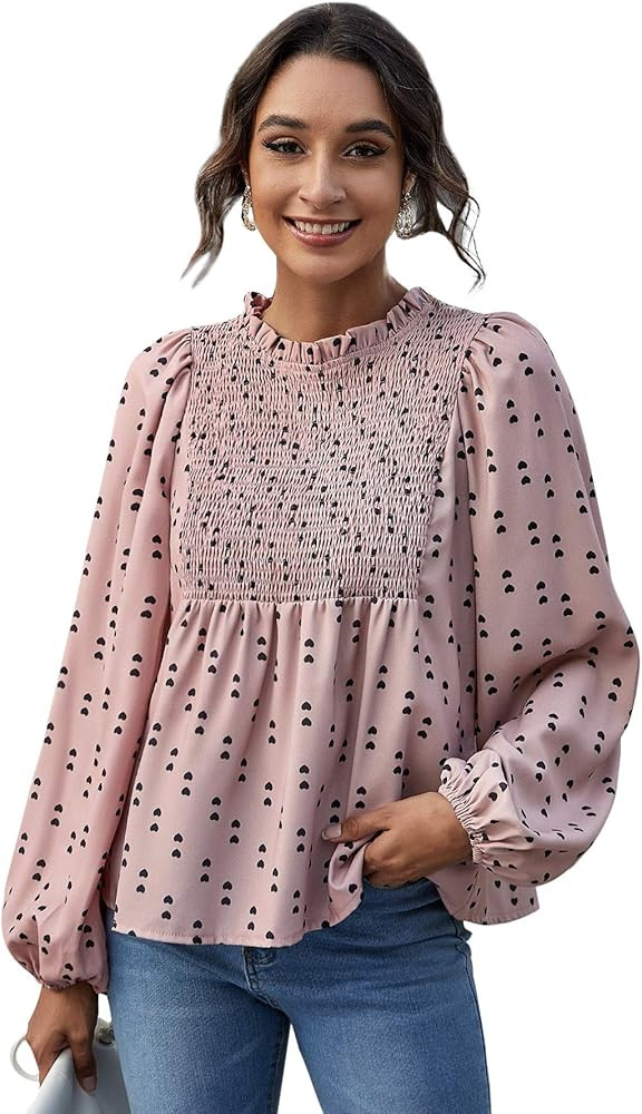 Romwe Women's Heart Dots Lantern Long Sleeve Frill Mock Neck Babydoll Tops Blouse | Amazon (US)