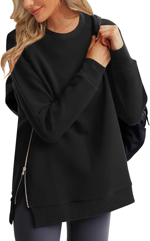 Women's Oversized Sweatshirts Side Zip Fleece Pullover Long Sleeve Casual Fall Outfits | Amazon (US)