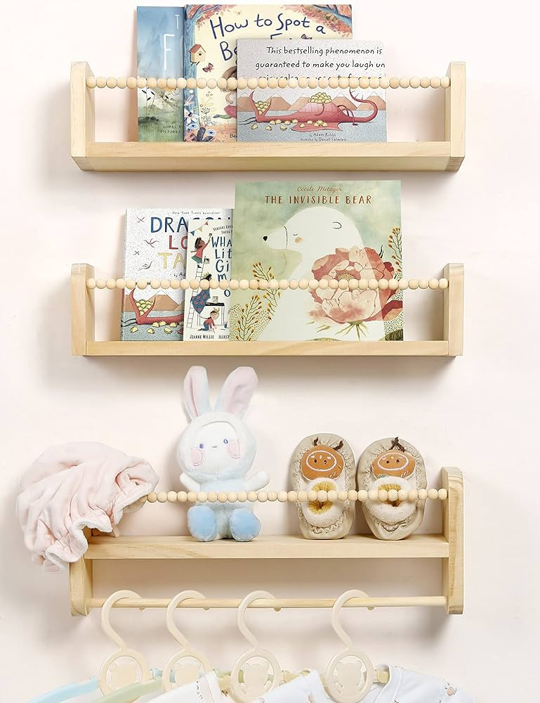 Nursery Floating Shelves for Wall, Set of 3 Book Shelves Natural Wood Wall Mounted Organizer with... | Amazon (US)