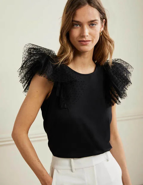 Tulle Shoulder Jersey Top - Black | Boden (US)