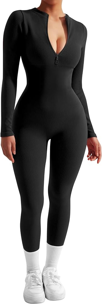 SUUKSESS Women Long Sleeve Ribbed Jumpsuit Zip up Front Workout Bodycon Romper | Amazon (US)