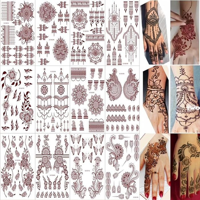 Xmasir 12 Sheets Henna Temporary Tattoo Kit, Waterproof Brown Tattoo Stickers for Girls Women Wed... | Amazon (US)