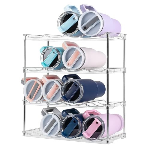 Water Bottle Organizer Stackable 4 Tier Rack for 32oz - 40oz Water Bottle Storage, Travel Mugs & Wine Clear Bottle Organizer, BPA Free Plastic and Water Bottle Holder for Cabinet, Fridge & countertop | Amazon (US)
