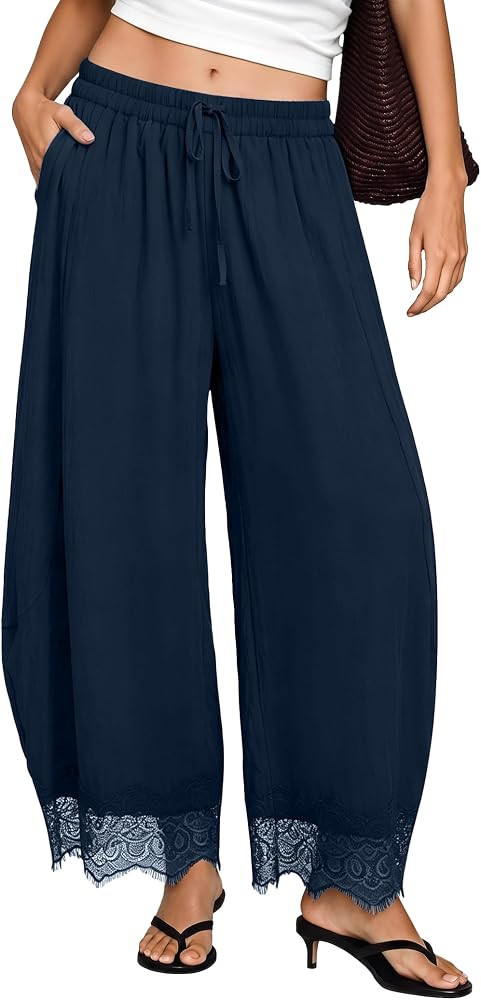 Lace Pants for Women Summer Casual Cropped Drawstring Waist Balloon Pants Lightweight Wide Leg Be... | Amazon (US)