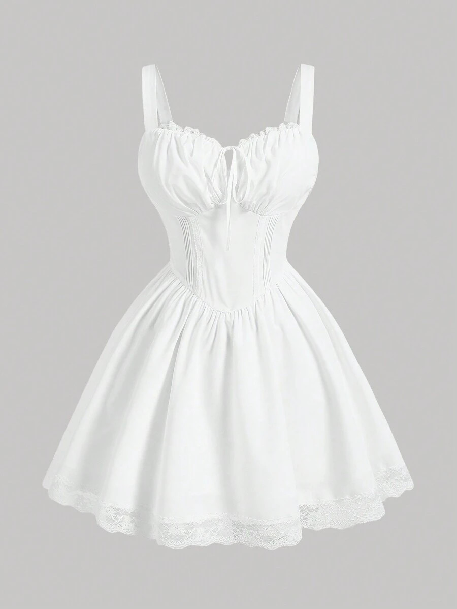 SHEIN MOD White Floral Lace Patchwork Short Plus Size Women's Dress With Lace-Up Back,Graduation ... | SHEIN