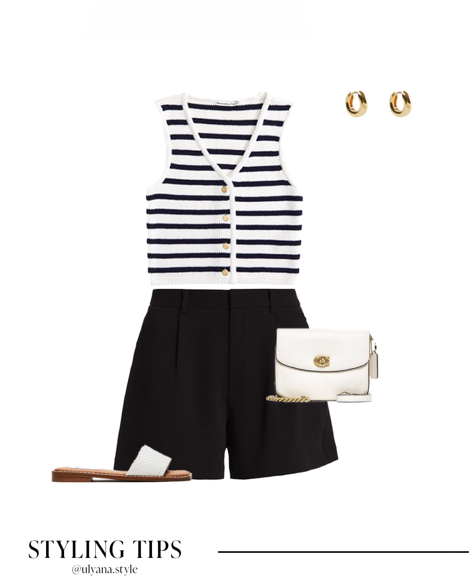 A button up sweater vest to paired with tailored shorts, slide sandals, and a handbag makes a classy summer outfit. 
.
.
.
.
.
.

#LTKSeasonal #LTKU #LTKSaleAlert #LTKParties #LTKWorwear #LTKTravel #LTKShoeCrush #LTKItBag #LTKSummerSales #LTKxNSale 
Summer outfits | vest outfits | vest top | button up vest | shorts outfits | black shorts | dressy shorts | high waisted shorts | trouser shorts | black tailored shorts | summer shoes | summer sandals | white sandals | comfy sandals | outfit ideas | outfit inspo | European summer outfits | old money outfits | 

#LTKFindsUnder100 #LTKStyleTip #LTKFindsUnder50