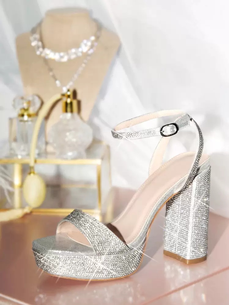 SHUZIA Women Rhinestone Chunky Heeled Ankle Strap Sandals, Glamorous Banquet Heeled Sandals Summer Shoes Spring Shoes Spring Break Easter Prom Heels Wedding Shoes For Christmas Valentine's Day Summer Shoes | SHEIN