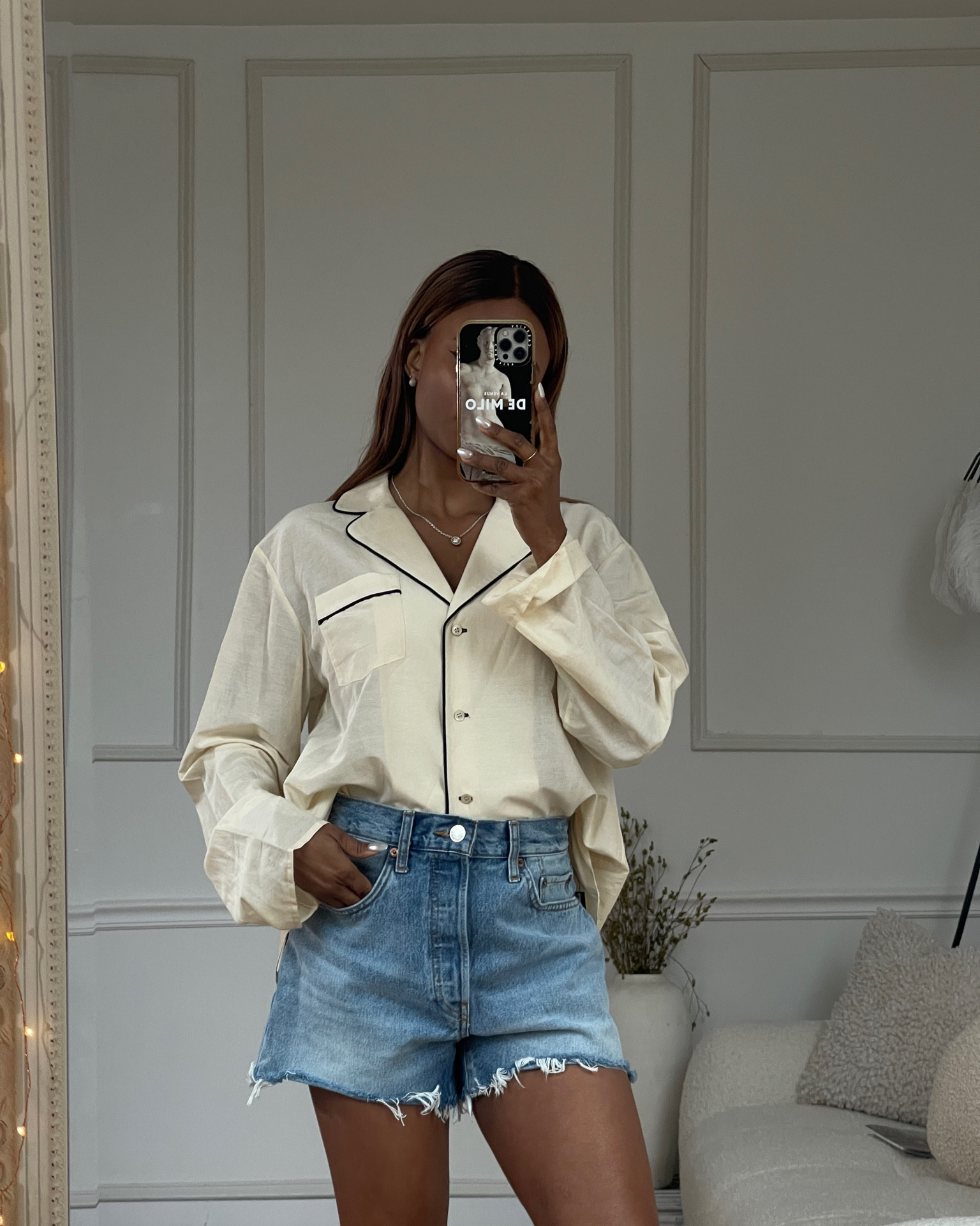 Pajamas top outside is in

Size 36 for top and 27 for denim shorts 

#Competition #LTKfind #toteme 

#LTKSale #LTKstyletip #LTKFind