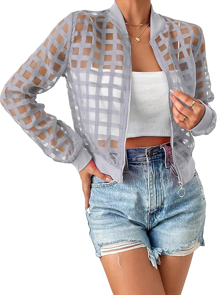 Floerns Women's Hollow Out Long Sleeve Baseball Collar Zip Up Bomber Jacket | Amazon (US)