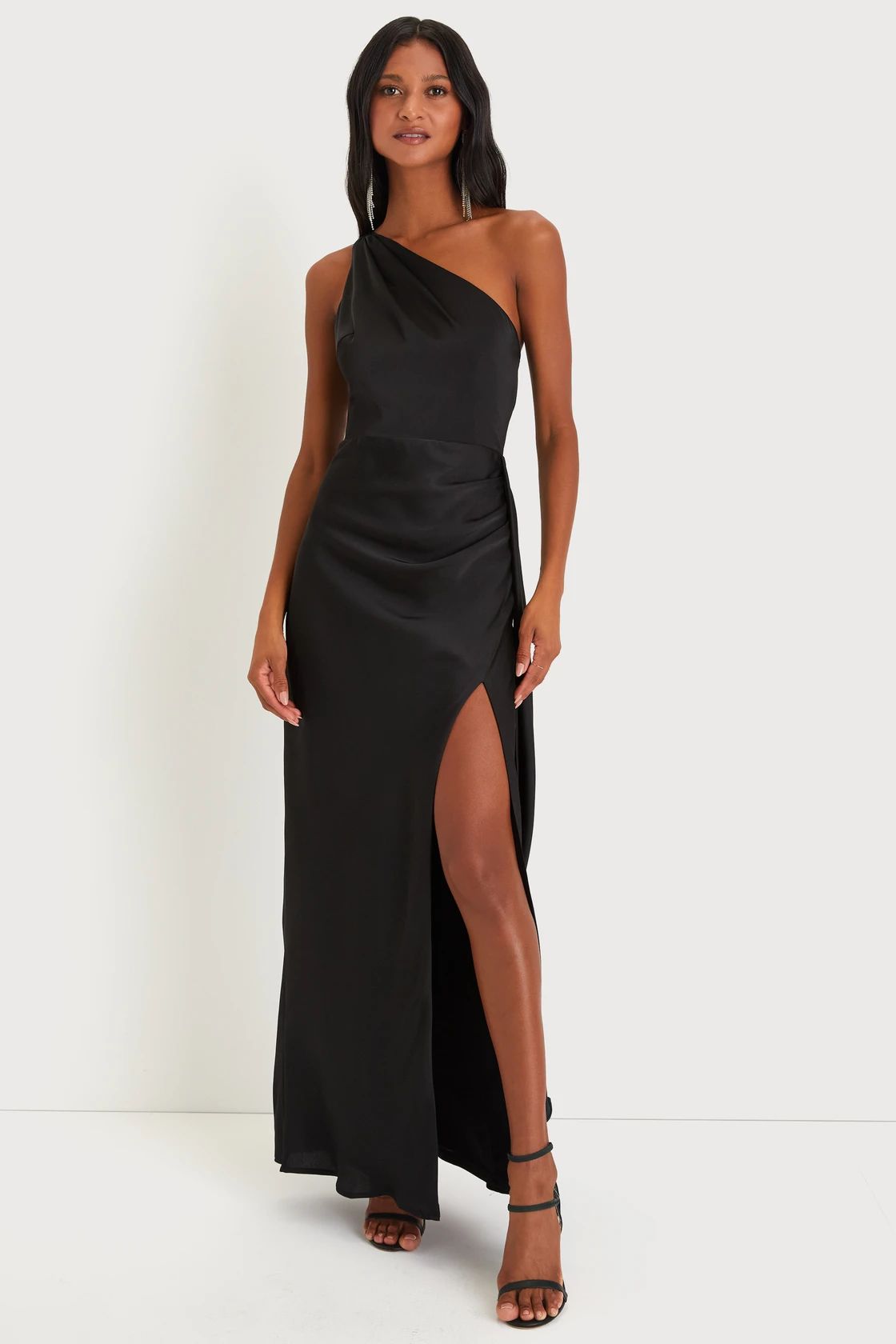 Signature Elegance Black Satin One-Shoulder Maxi Dress | Lulus