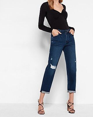 Mid Rise Belted Distressed Boyfriend Jeans | Express