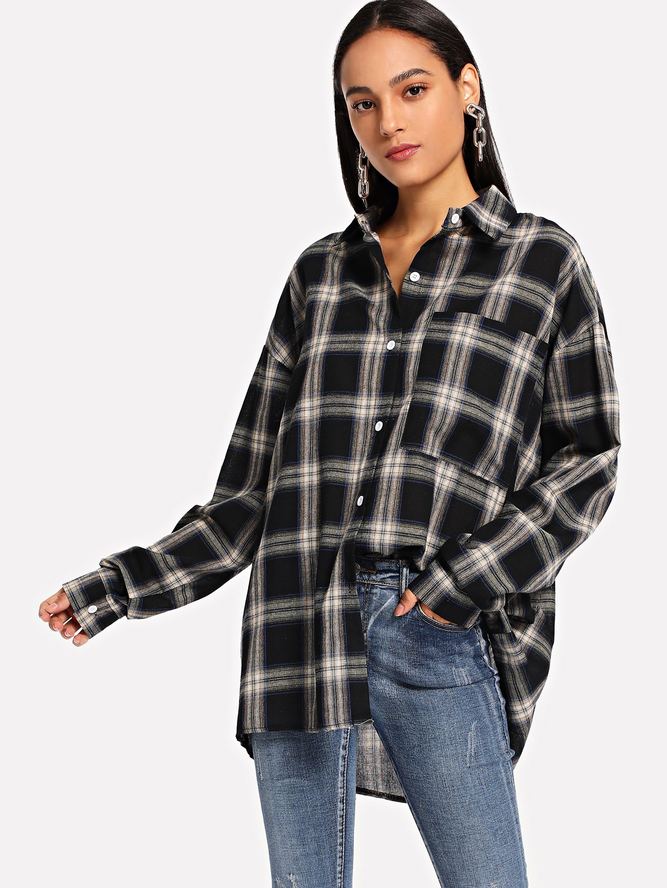 Pocket Patch Tartan Boyfriend Shirt | SHEIN