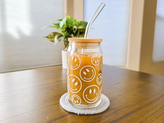 Smile Face Glass Can Cup With Bamboo Lid and Glass Straw  | Etsy | Etsy (US)
