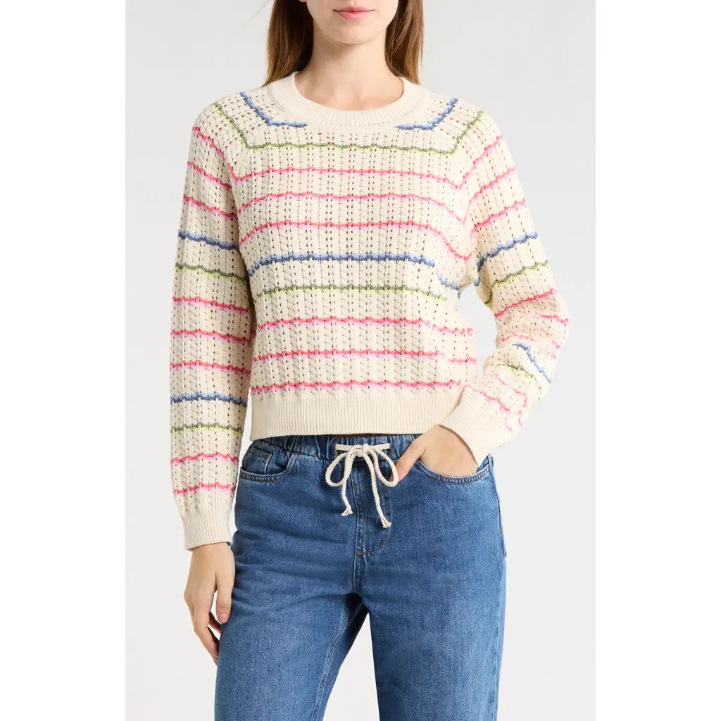 Marine Layer Mina Cotton Pointelle Sweater in Ivory Multi Stripe at Nordstrom, Size Medium | Nordstrom