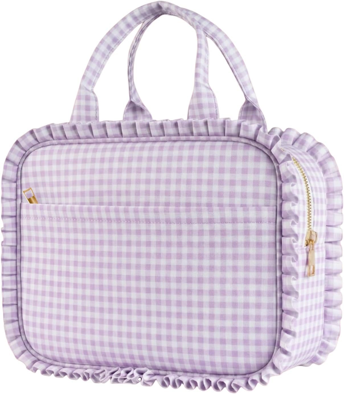 Stylish Checkered Gingham Lunch Bag for Women, Ruffled Trim Lunch Box for Adult Girls, Large Capa... | Amazon (US)