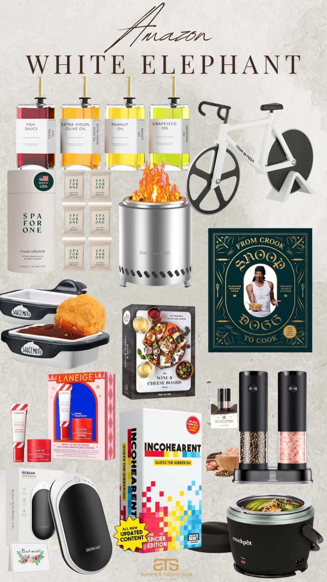 White elephant gifts from Amazon!

Pizza cutter. Personal fire. Saucemoto. Salt and pepper grinder. Board game. Shower steamer. Oil dispensers. Christmas. Holiday  

#LTKHome #LTKSeasonal #LTKGiftGuide