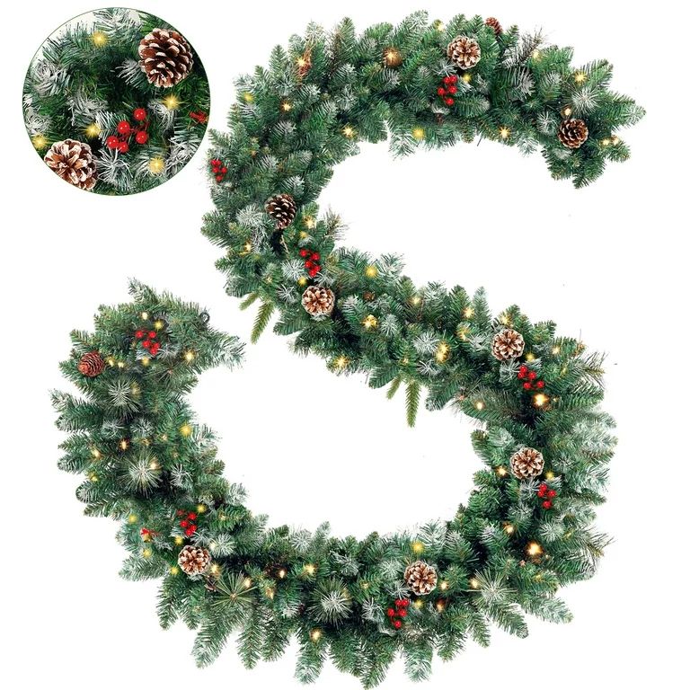 Melliful 9FT Pre-Lit Christmas Garland with Lights, Red Berries Branches Pine Cones Artificial Ch... | Walmart (US)