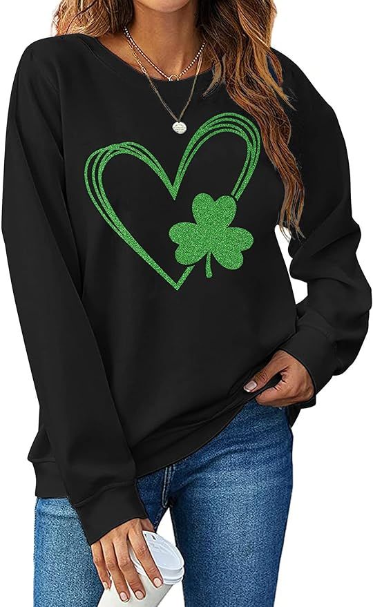 St. Patrick's Day Sweatshirt Women Shamrock Heart Shirts Irish Gift Crewneck Casual Loose Fit Top... | Amazon (US)