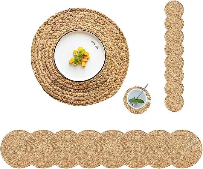 Round Placemats Set of 8 with 8 Coasters Natural Water Hyacinth Woven Placemats Farmhouse Braided... | Amazon (US)