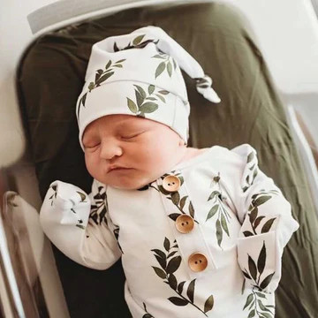 Olive Leaf Newborn Baby Knot Gown & Hat Set | Caden Lane