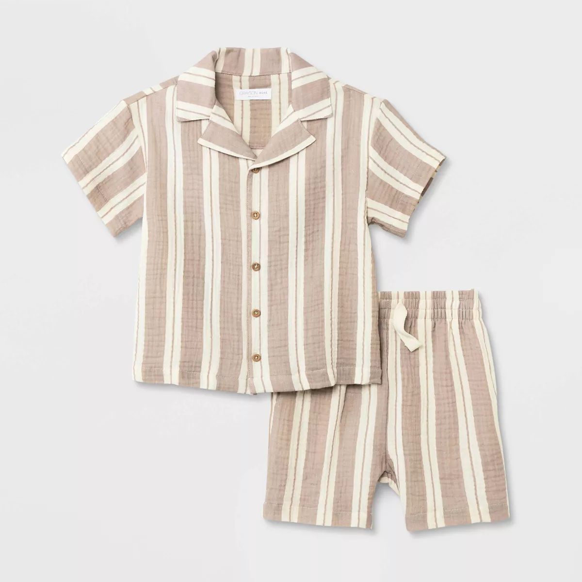 Grayson Mini Toddler Boys' Short Sleeve Striped Button-Down Shorts Set - Beige 18M | Target