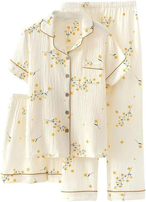 Womens 3pcs Cotton Pajamas Set Short Sleeve Sleepwear Fruit Print Cute Pj Set with Long Pants | Amazon (US)