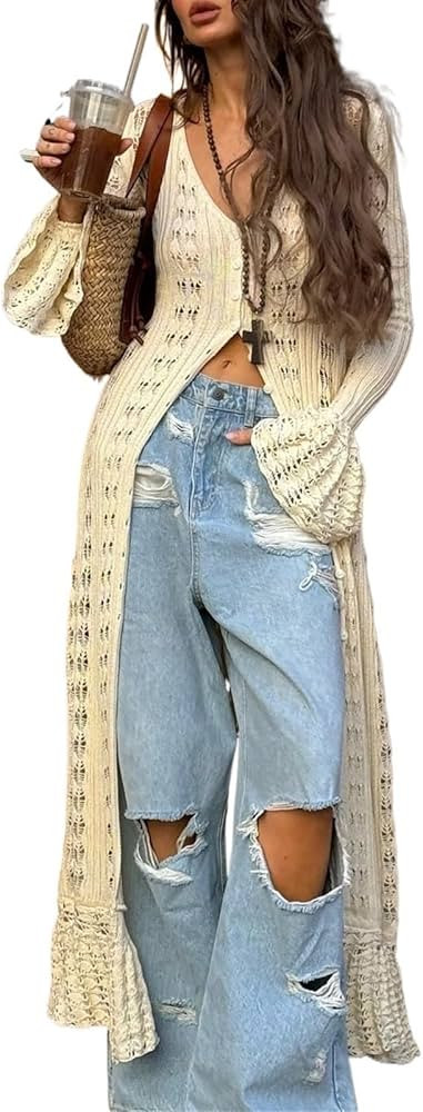 Womens Crochet Maxi Cardigan Sweaters Open Front Knit Long Sleeve Duster Cardigan Casual Winter O... | Amazon (US)