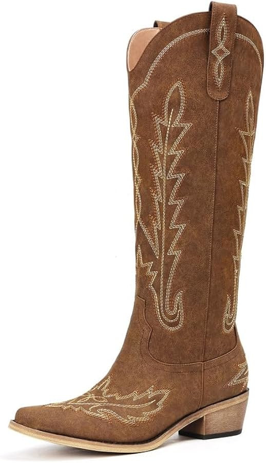 Cowboy Boots for Women - Knee High Embroidered Western Cowgirl Boots, Pointed Toe Chunky Heel Ret... | Amazon (US)