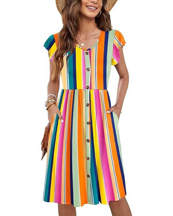 WNEEDU Women Summer Dresses Sleeveless Casual Loose Swing Button Down Midi Dress with Pockets | Amazon (US)