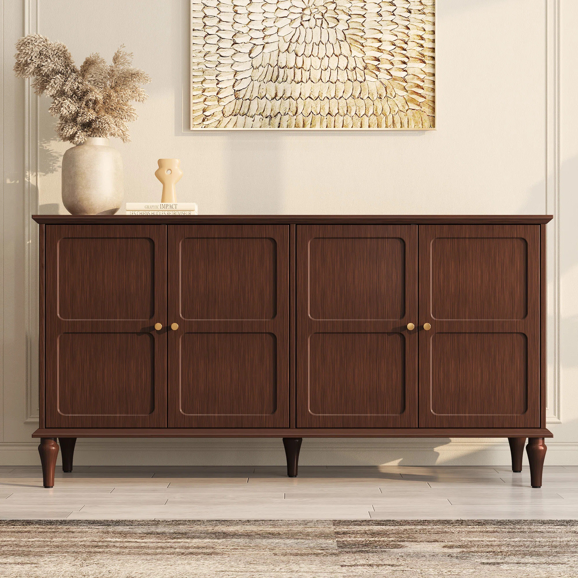 Charlton Home® 58" Mid-Century 4-Door Cabinet with Adjustable Shelves and Removable Tall Wine Gl... | Wayfair North America