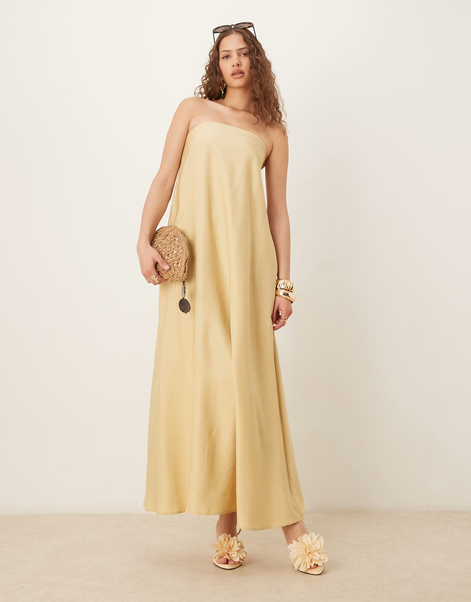 ASOS DESIGN cupro bandeau maxi dress in stone | ASOS (Global)