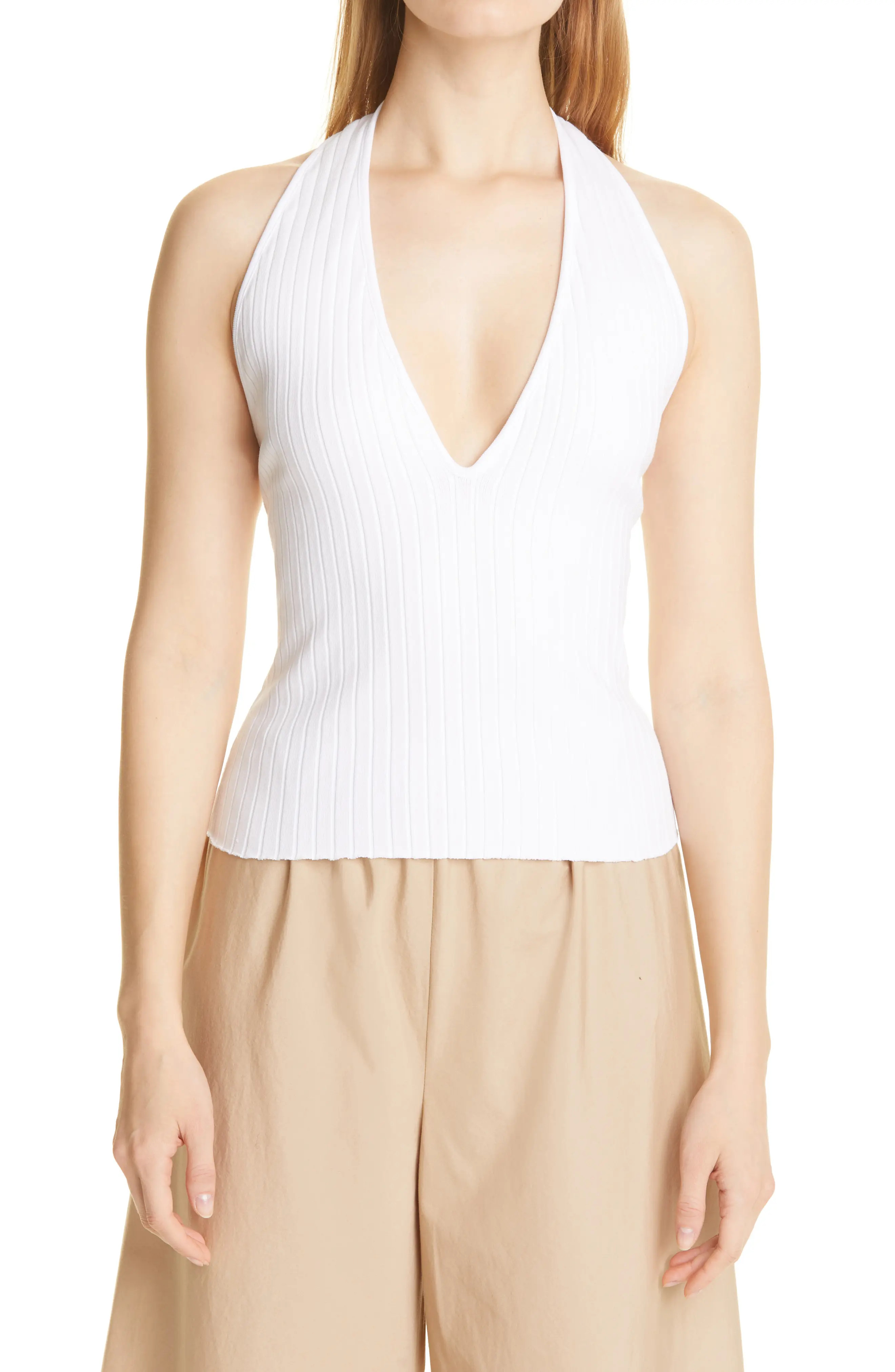 Vince Ribbed Halter Neck Cotton Blend Tank Top in Optic White at Nordstrom, Size X-Large | Nordstrom