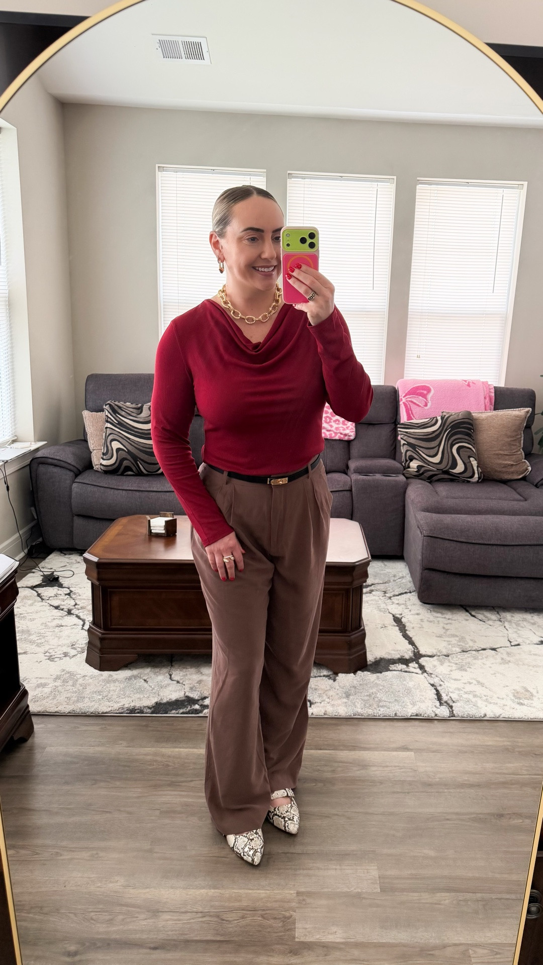 business casual workwear
work outfit 

OOTD: Business Casual 🍷🤎

I don’t share a lot of business casual outfits because I live in scrubs for work 😂 but this one deserved a spot on the feed!

This top was gifted to me and the burgundy color is absolutely beautiful for fall. It has the prettiest draped cowl neckline, a flattering ribbed texture + the fabric is buttery soft with the perfect amount of stretch ( can size down one). 

Paired it with chocolate trousers, a little snakeskin print + gold jewelry and I LOVE how it all came together. 🤎

Such a good fall workwear piece that you could easily dress down with jeans, too!

#LTKootd #LTKstorytime #LTKTall