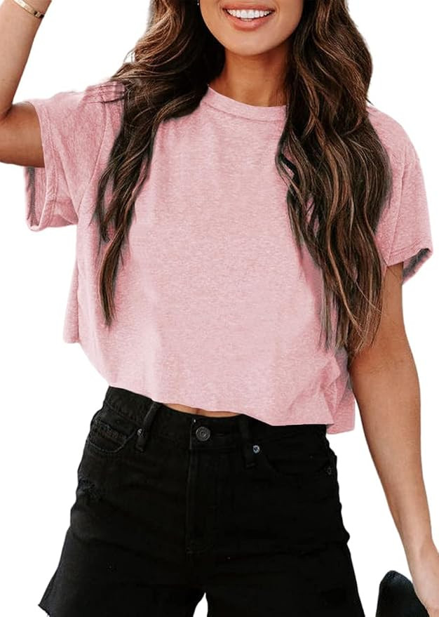 Women's Cropped T Shirts Trendy Short Sleeve Crew Neck Crop Tops Solid Basic Tee | Amazon (US)