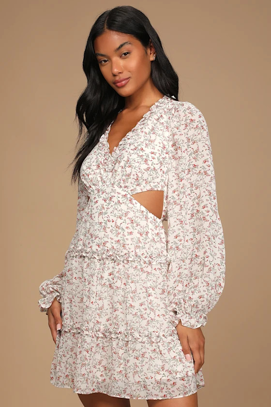 Undeniably Sweet Ivory Floral Print Ruffled Backless Mini Dress | Lulus (US)