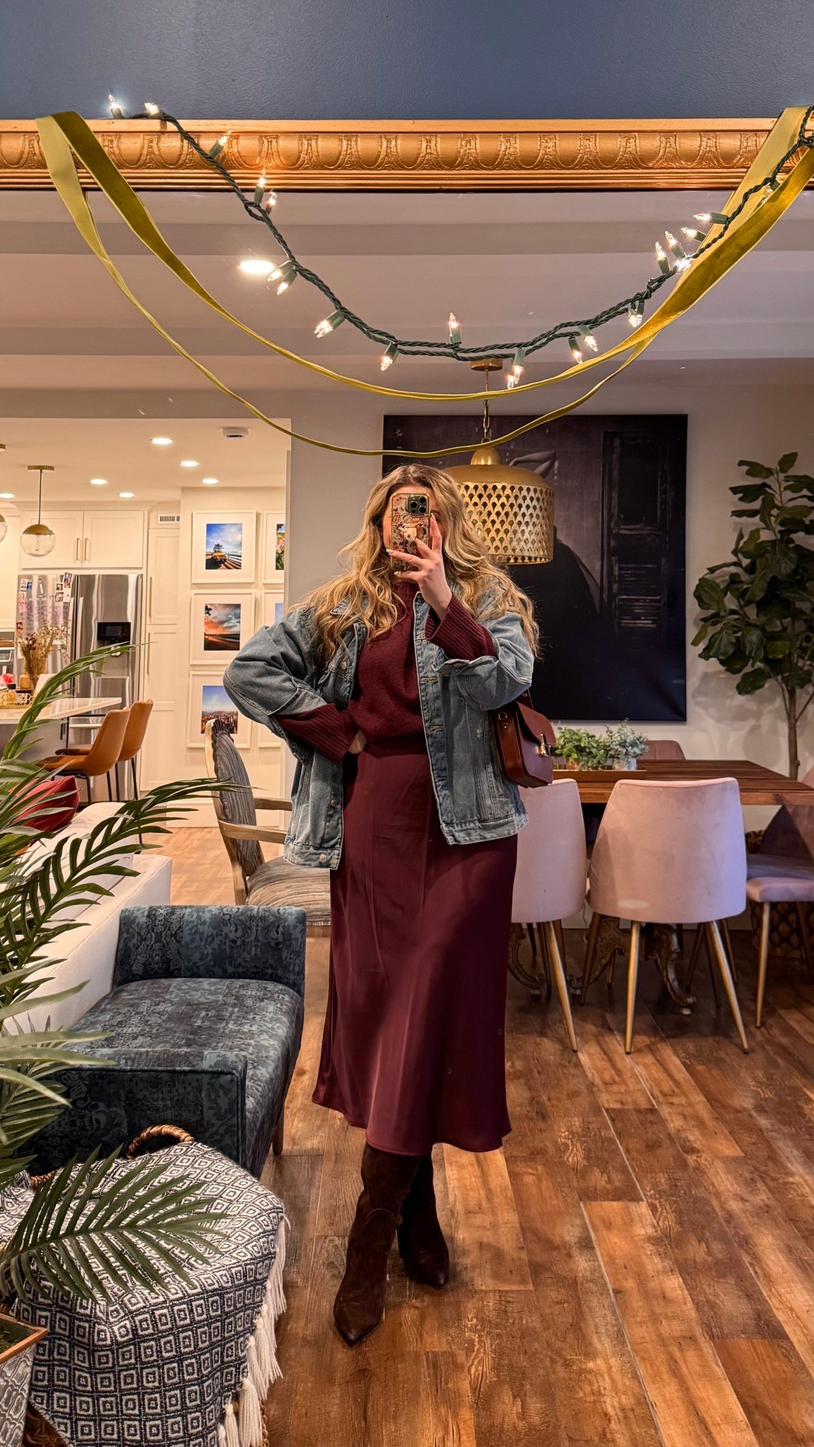 Late Winter Early Spring Dinner Outfit, Sized up in the denim jacket, large sweater, medium skirt, wide calf boots true to size 

 #LTKootd #LTKSeasonal #LTKMidsize