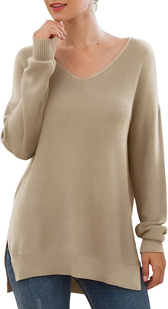 GRECERELLE Women's V-Neck Long Sleeve Side Split Loose Casual Knit Pullover Sweater Blouse | Amazon (US)