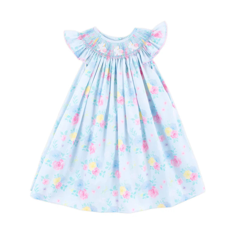 Bunny Smocked Turquoise Angel Sleeve Dress | Classic Whimsy